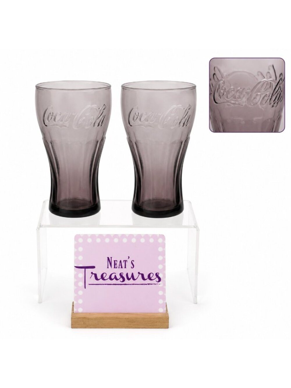 Coca Cola Purple Tint Embossed Vintage 16 oz Soda Glass Coke Glasses 6" Set Of 2